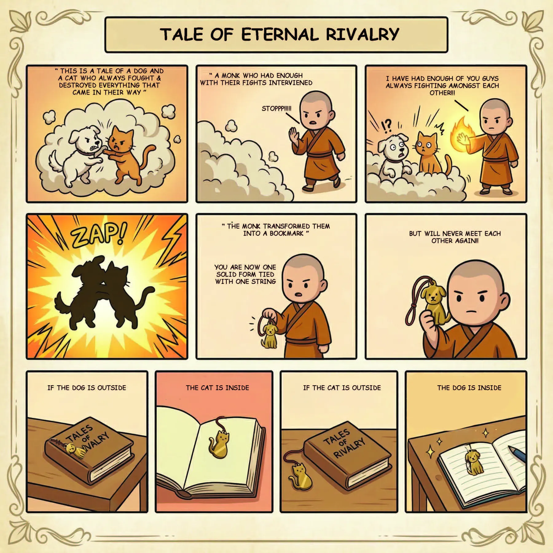 Comic strip: the cat and dog fight, a monk stops them and binds them into one bookmark; if the dog is outside the cat is inside, and the other way round