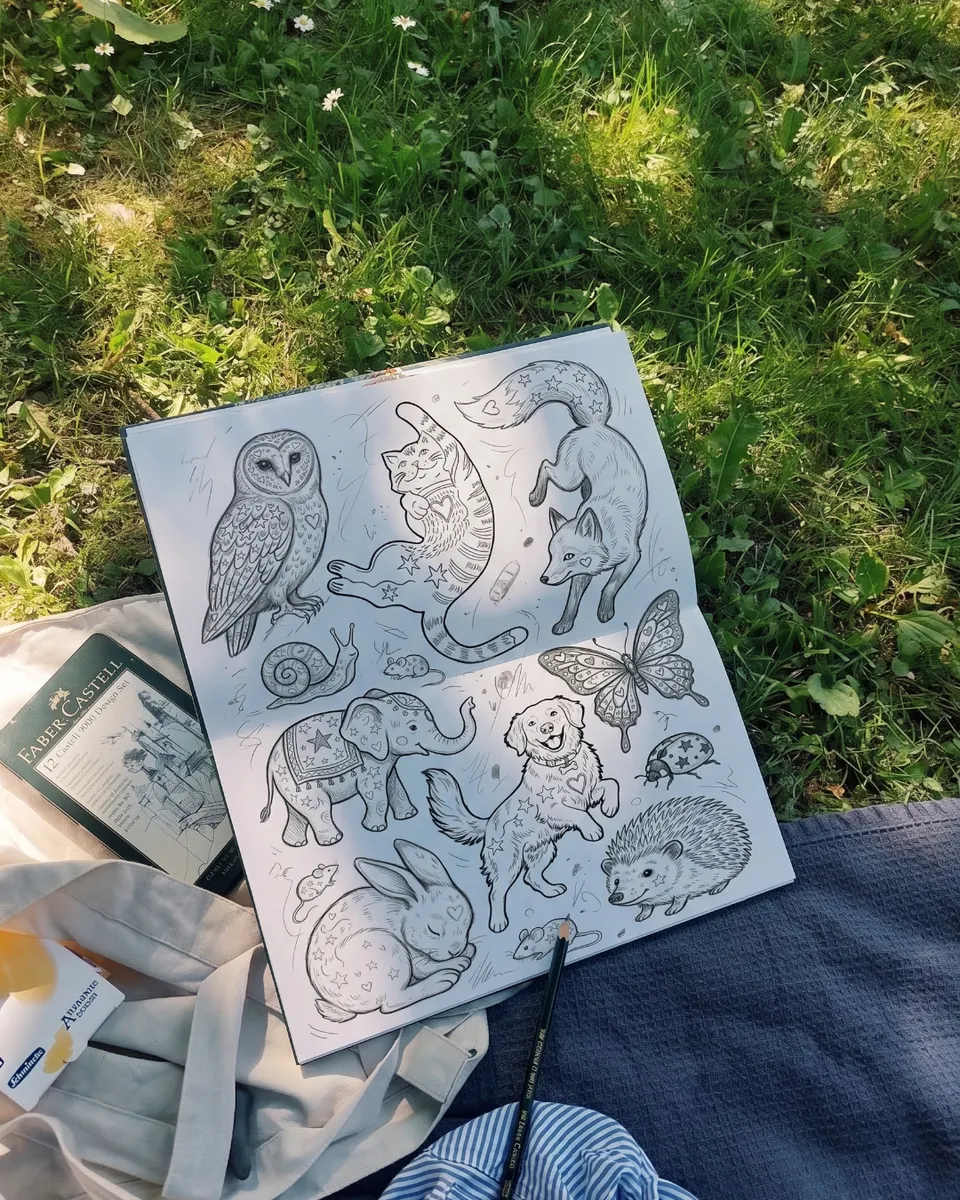 Ideation sketchbook open on the grass: owls, cats, dogs, elephants and butterflies drawn as bookmark shapes