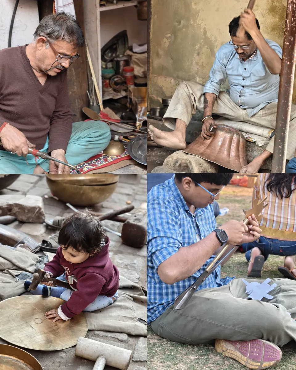 Thathera craftsmen in Jaipur cutting, hammering and engraving brass and copper, and Pranshu at work