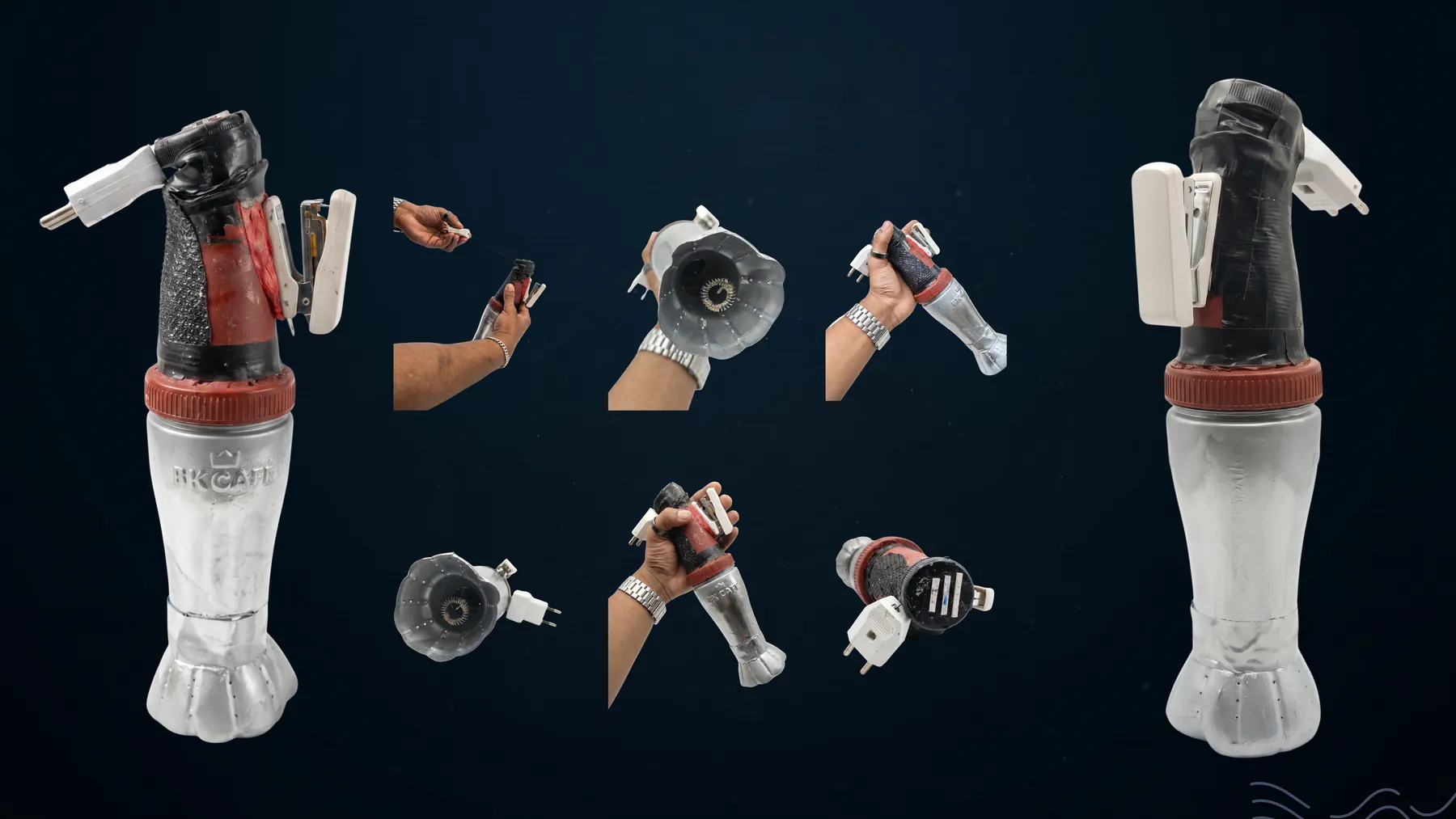 The hand blender prototype photographed: the assembled blender, the detached shaft and blade guard, the wire, and a hand holding the grip