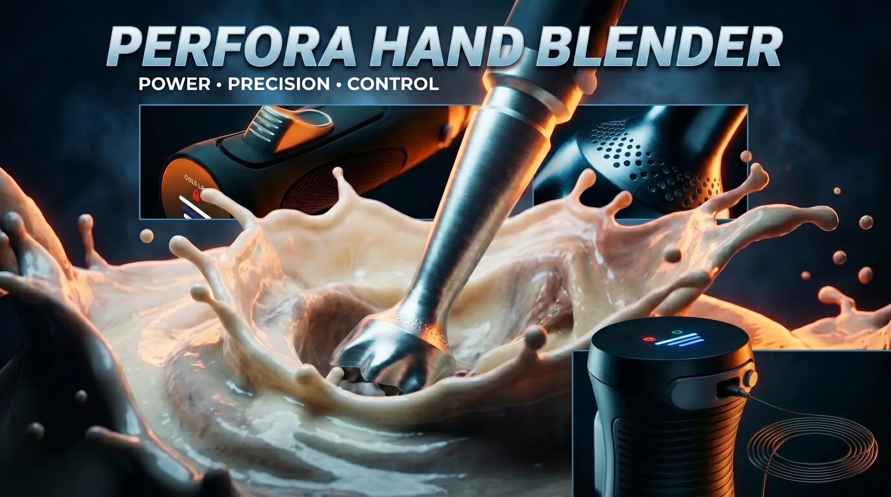 Key visual: the Perfora hand blender plunging into a splash, with close-ups of the dial and the wire housing