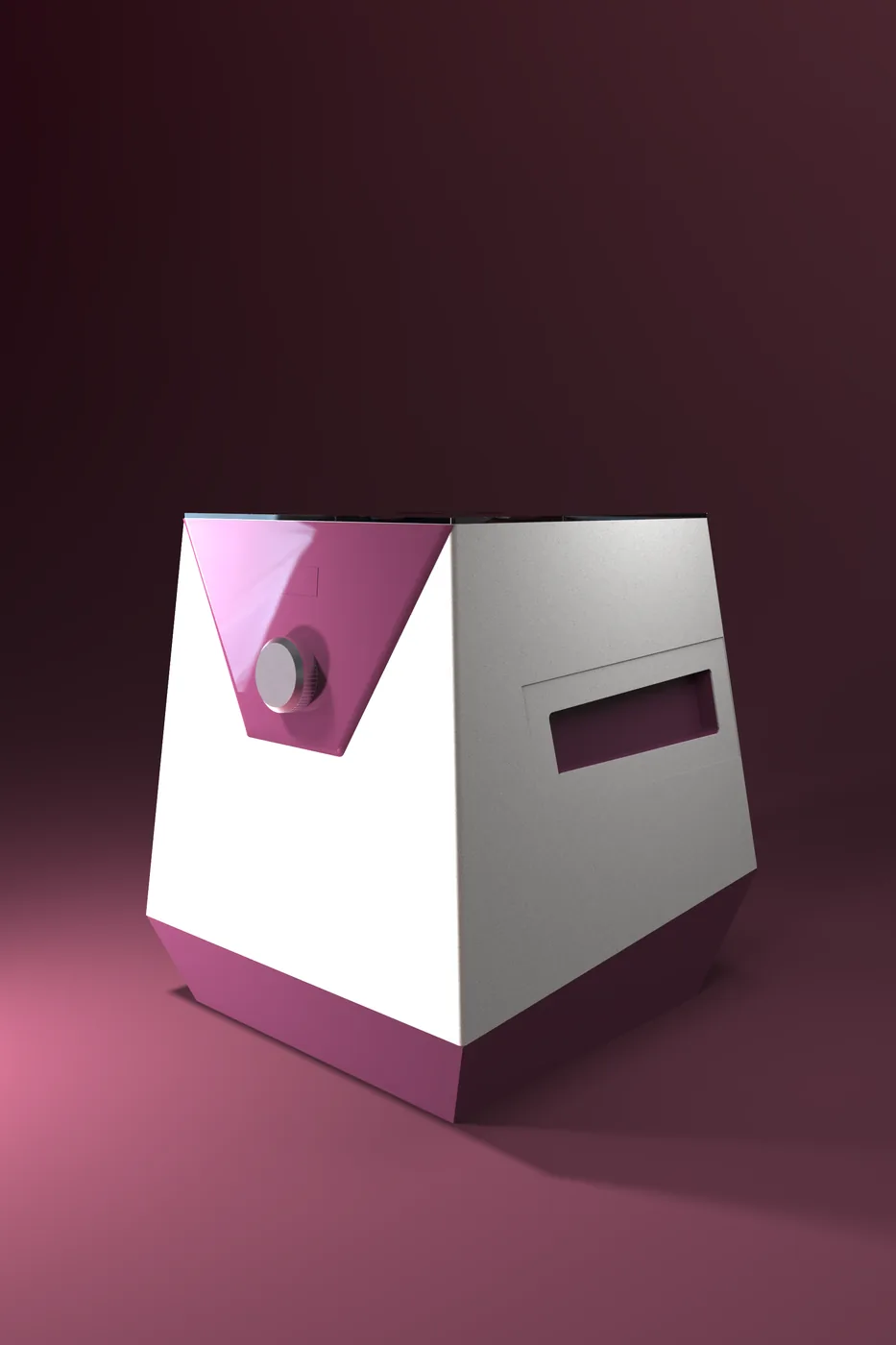 Rendered Kshovik in the plum colourway: white upper body, plum base and front cape, aluminium knob