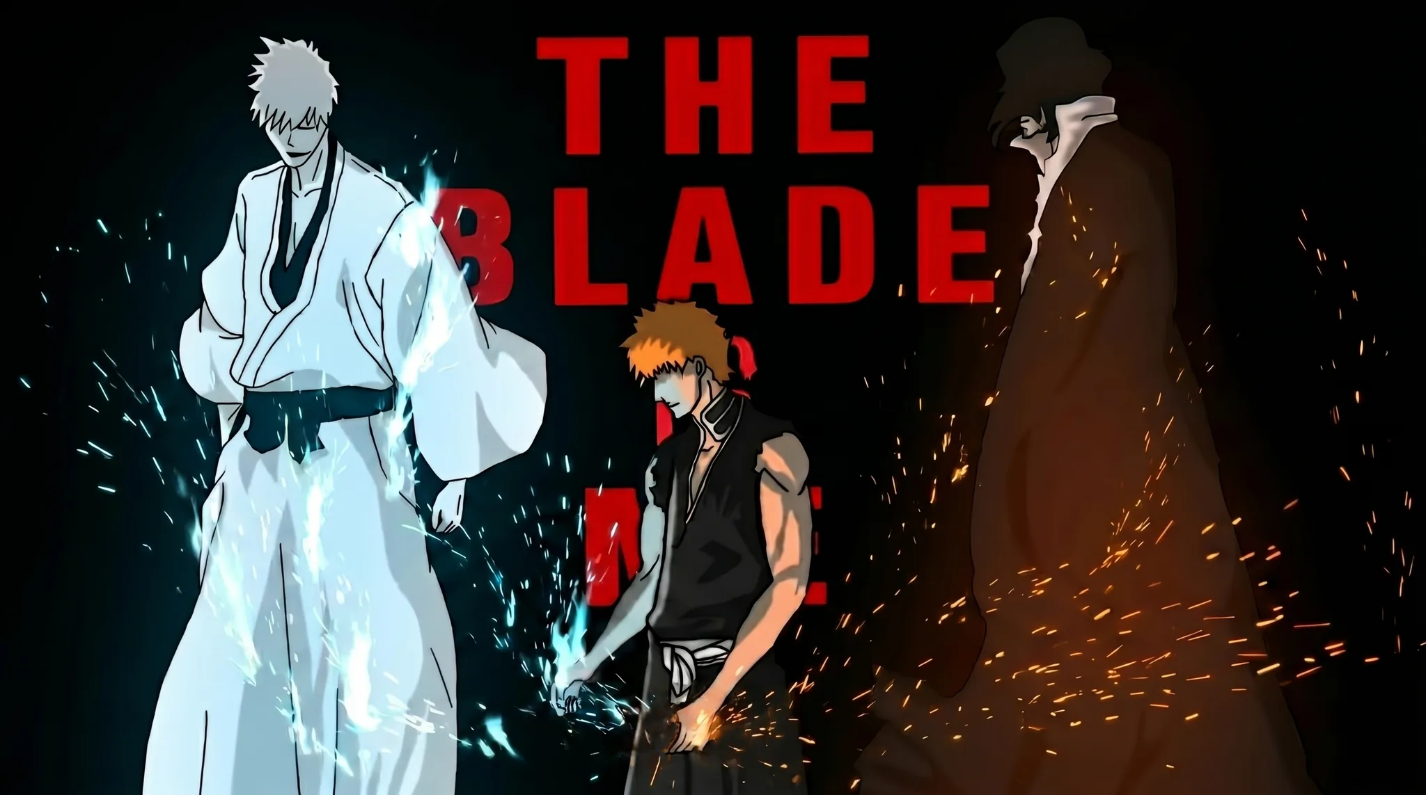 Blade Is Me, lights off. With the lights off, two more figures appear beside him, one in ice-blue light and one in embers.
