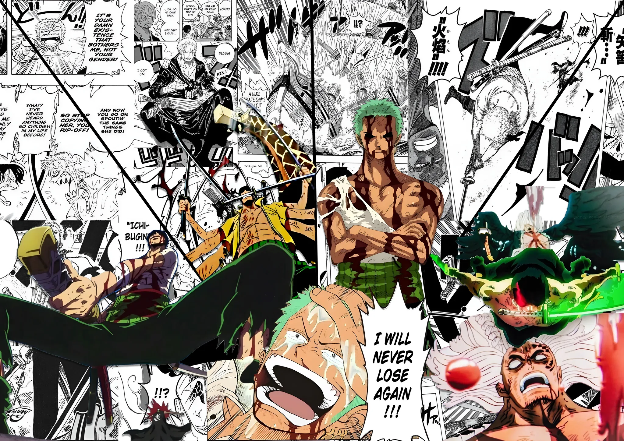 Zoro – I Will Never Lose Again, lights off. With the lights off, the whole page fills with the fight around it.