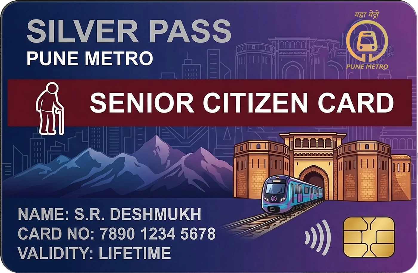 Silver Pass front: Pune Metro senior citizen card with the cardholder's name, card number and lifetime validity