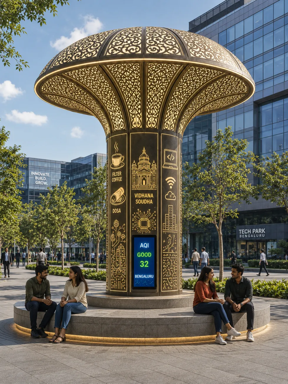 Aeropillar by day in a business district, people sitting on its plinth