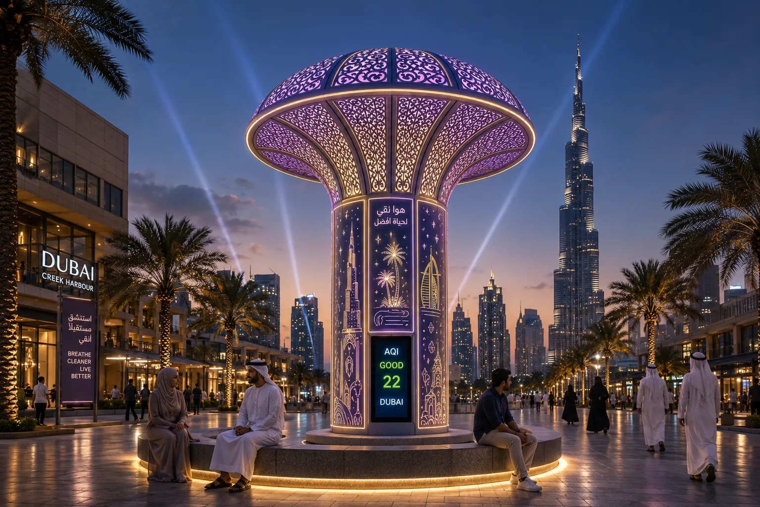 Aeropillar at dusk in a Dubai plaza: a perforated canopy glowing violet over a container core, people seated around its base