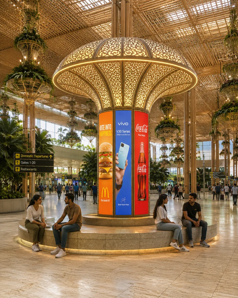 Aeropillar inside a mall atrium with advertising panels on its core