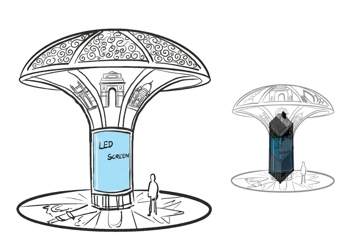 Concept sketch of Aeropillar: a mushroom canopy over an LED-screen column, beside the bare container core