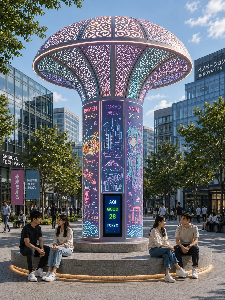 Aeropillar in Tokyo with a pastel canopy and an anime-patterned core
