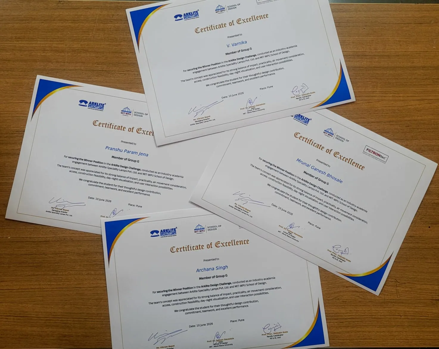 Four certificates of excellence for Team Vayu, Group G
