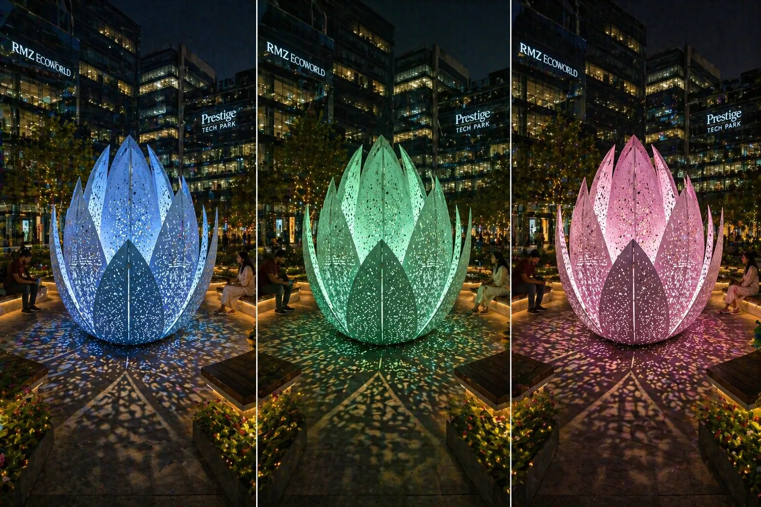Three lotus purifiers lit blue, green and pink