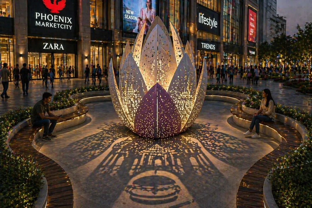 The lotus at night outside a Pune mall, glowing from within