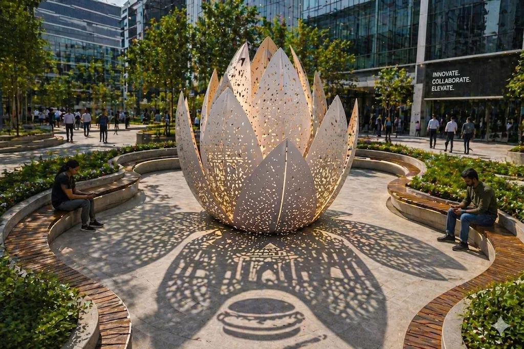 The lotus by day in a Bengaluru IT park, its perforations casting patterned shadows over curved benches