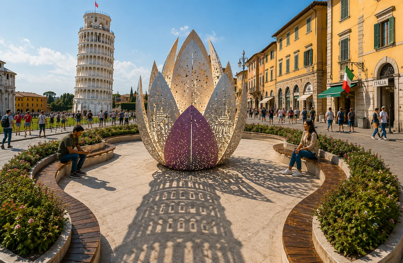 The lotus purifier in a European piazza beside the Leaning Tower of Pisa